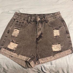 roll up hem ripped denim shorts - grey washed
